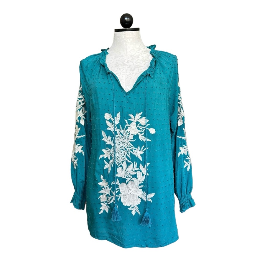Solitaire Tunic Embroidered Peasant Blouse Turquoise Ruffled Neck Ties Size S